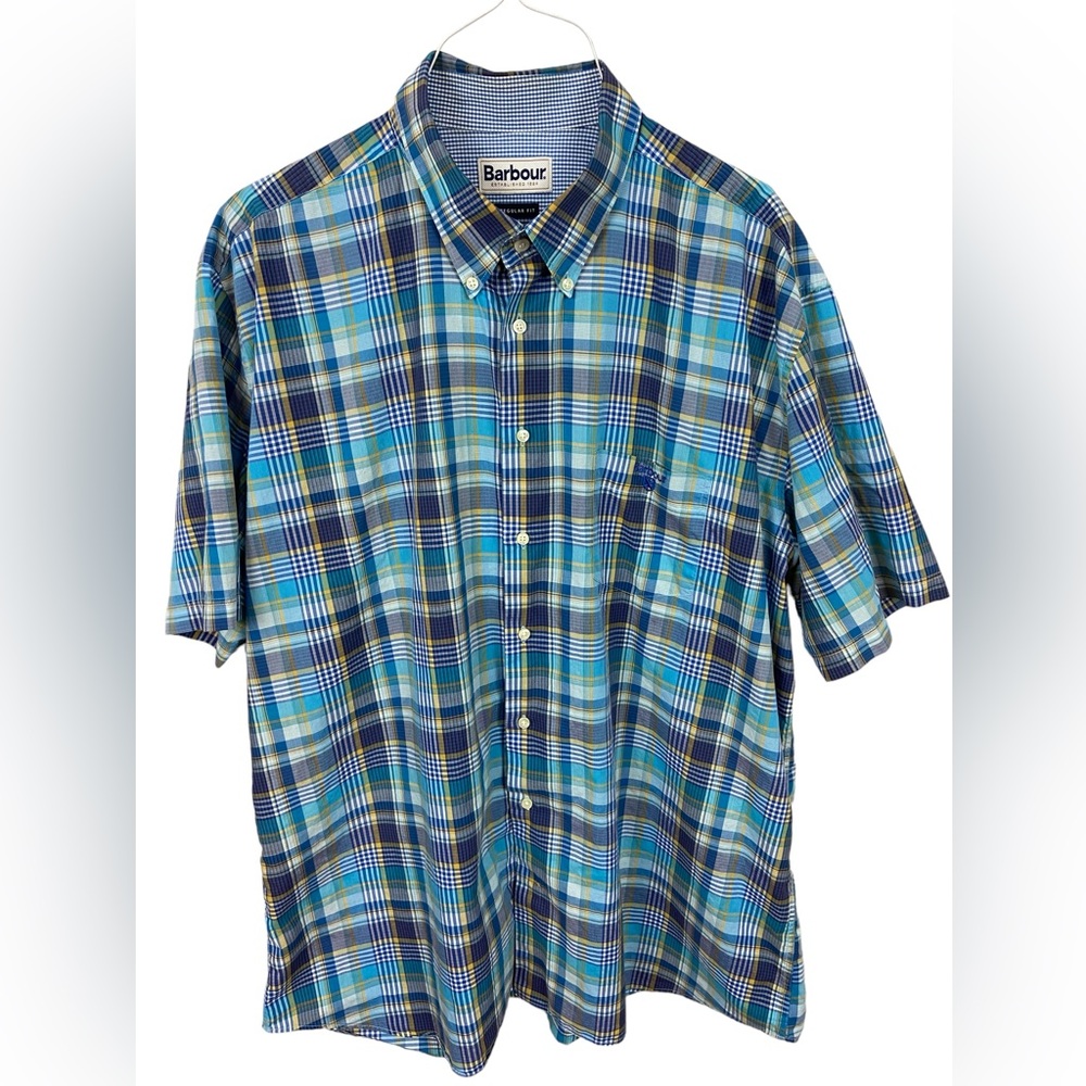 Barbour Men’s XL Blue and Yellow Short Sleeve Plaid Button Up Shirt